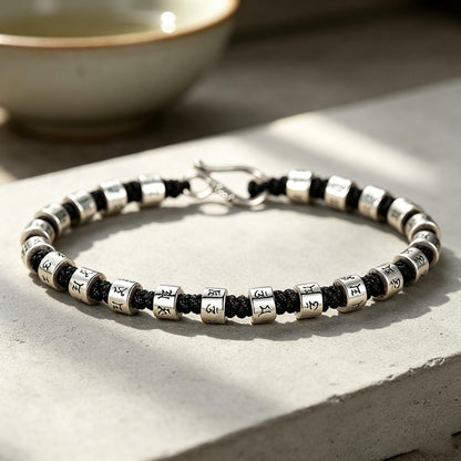 Tibetan Mantra Bead Bracelet - Hand-Braided Amulet Wristband with Silver Beads