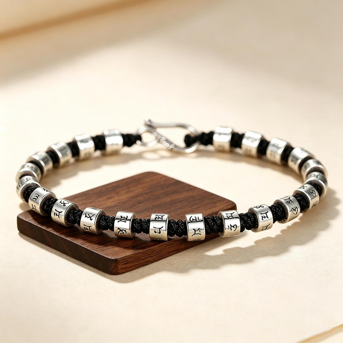 Tibetan Mantra Bead Bracelet - Hand-Braided Amulet Wristband with Silver Beads