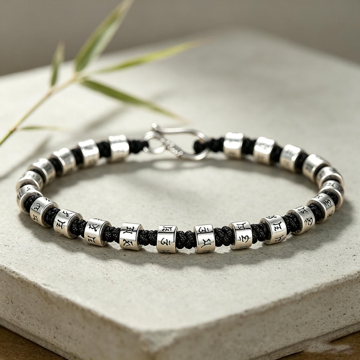 Tibetan Mantra Bead Bracelet - Hand-Braided Amulet Wristband with Silver Beads