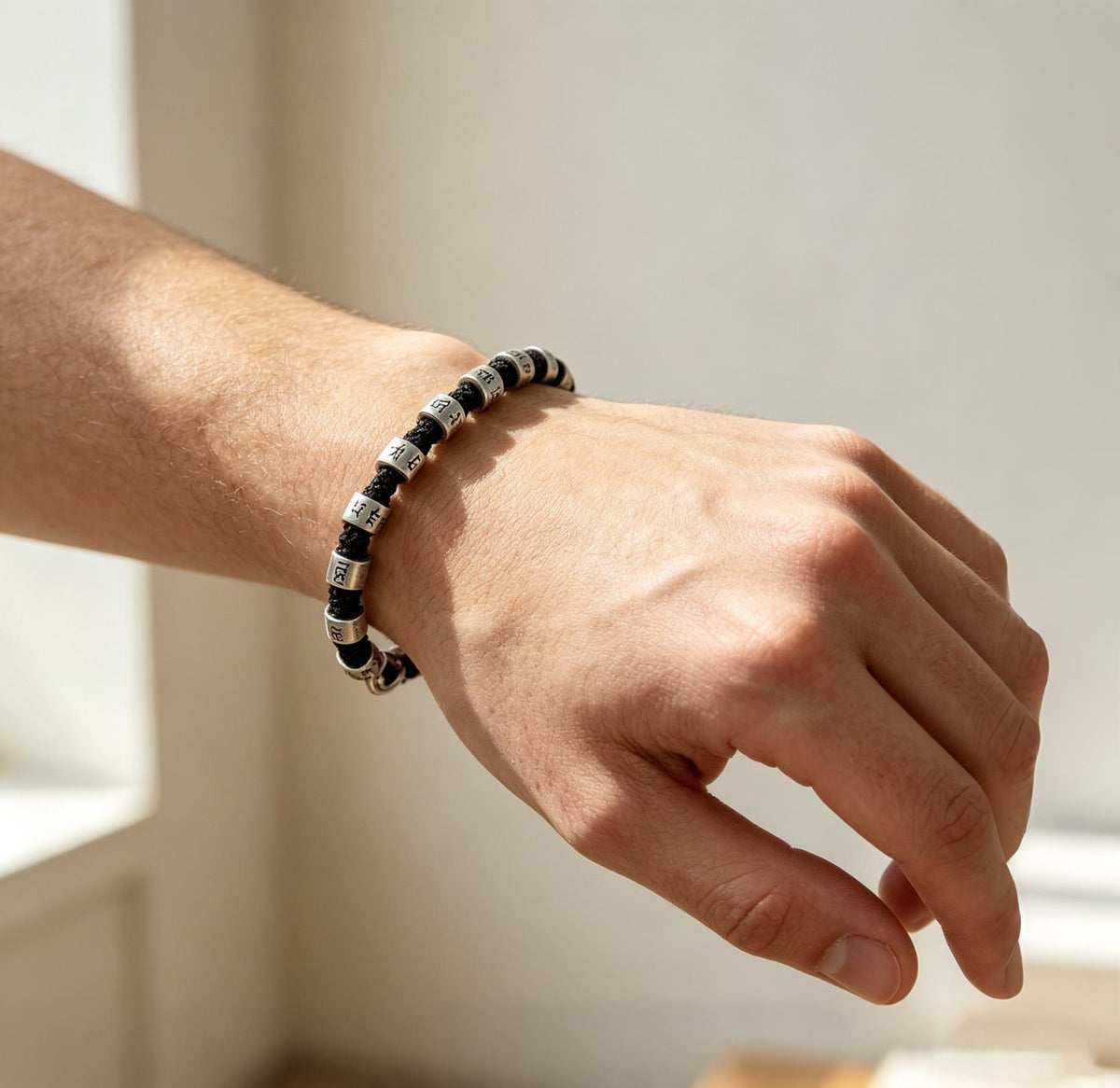 Tibetan Mantra Bead Bracelet - Hand-Braided Amulet Wristband with Silver Beads