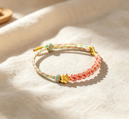 Women’s Cherry Blossom Charm Bracelet - Adjustable Hand-Braided Sakura Flower Wristband
