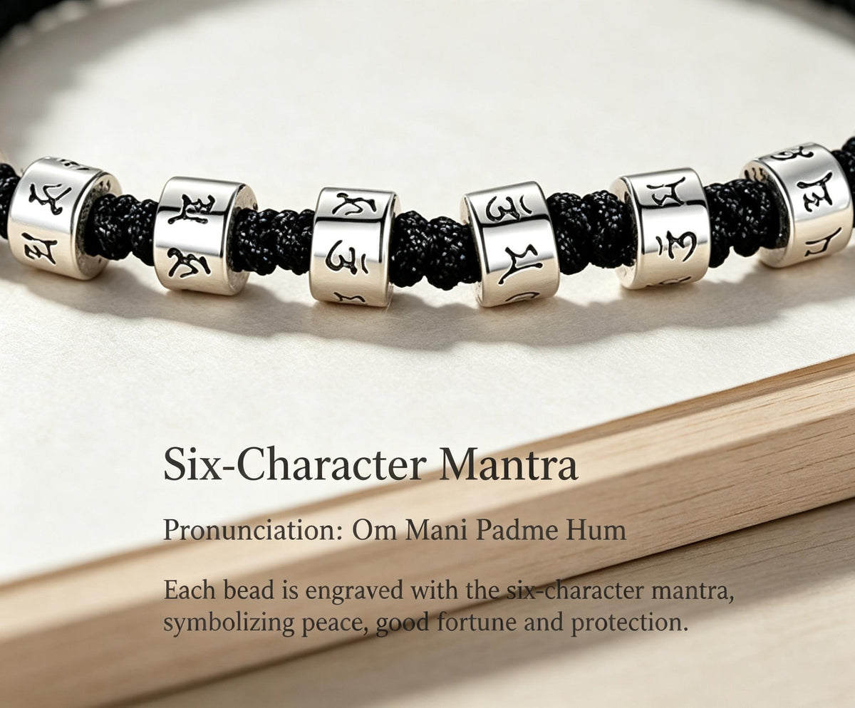 Tibetan Mantra Bead Bracelet - Hand-Braided Amulet Wristband with Silver Beads